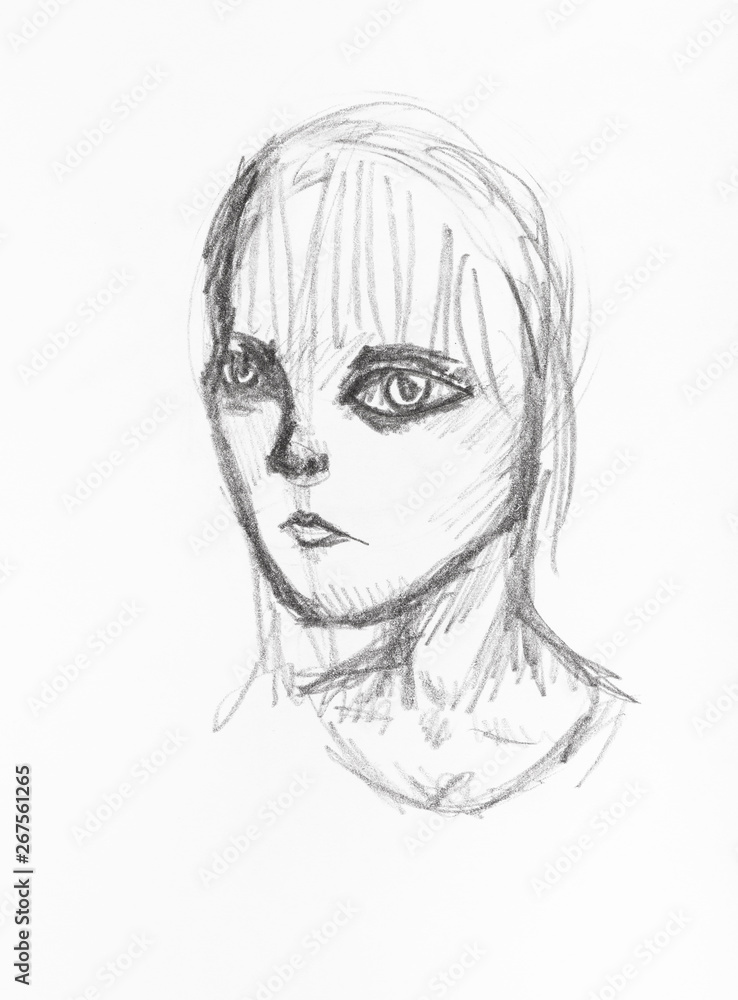 sketch of head of girl with large eyes sketch of head of girl with large eyes