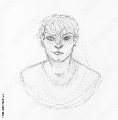 sketch of head of strong boy with freckled face