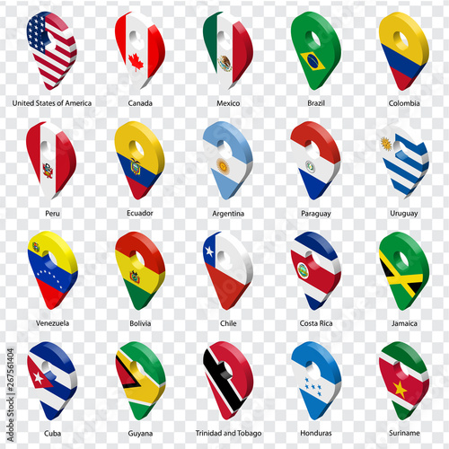 3D geolocation signs of twenty countries Nouth America and South America with inscriptions. Set of  twenty 3d geolocation icons on transparent background. Flags of American countries in the form of lo