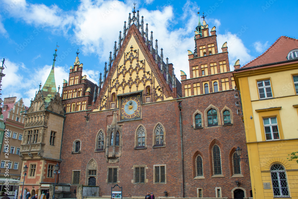 The colorful architecture of the famous Polish city of Wroclaw - Market Square, Town Hall.