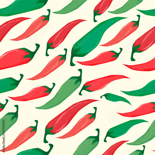 Seamless pattern with different chili peppers, greens and inscriptions on a beige background, bright colorful vegetables.