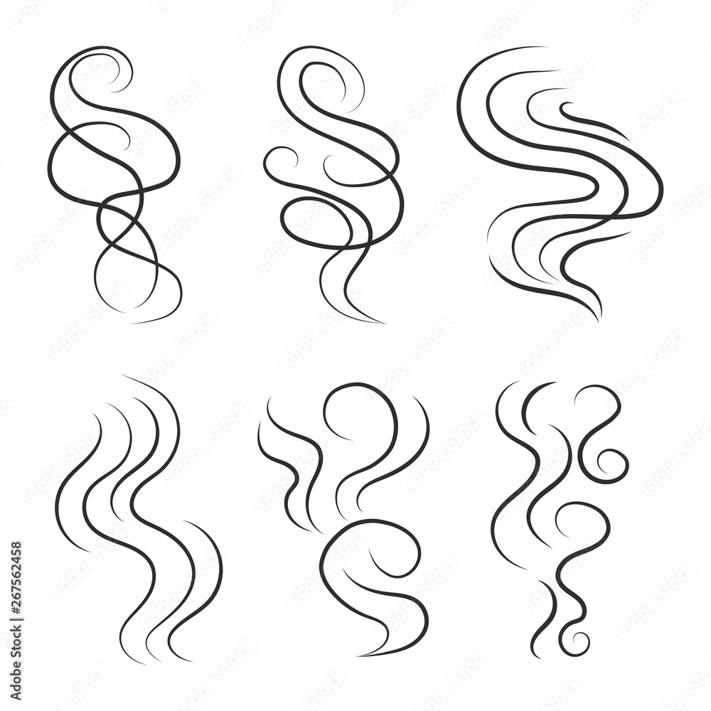 Set of linear smoke steam and smell. Smoking and steaming sign. Vapor, aroma flow, gas, smog icon. Set of linear smoke steam and smell. Smoking and steaming sign. Vapor, aroma flow, gas, smog icon.