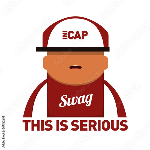 Swag boy with red clothes, hat and shoes staring seriously and say this is serious