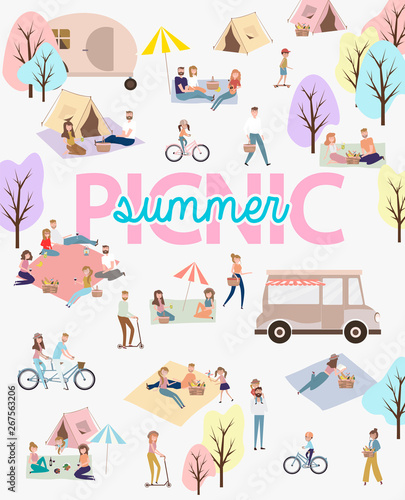 Summer picnic with active family vacation with kids, couples, families, relaxing on nature, ride bicycles and skateboard. Editable vector illustration