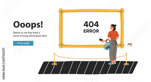 Webpage template with young woman standing in front of picture in art gallery or museum and looking at it