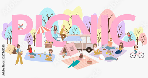 Summer picnic with active family vacation with kids, couples, families, relaxing on nature, ride bicycles and skateboard. Editable vector illustration
