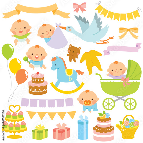Clip art set of babies and baby shower related items