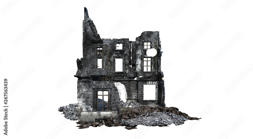 Fototapeta premium Building ruins. Isolated on white background. 3D Rendering, Illustration.