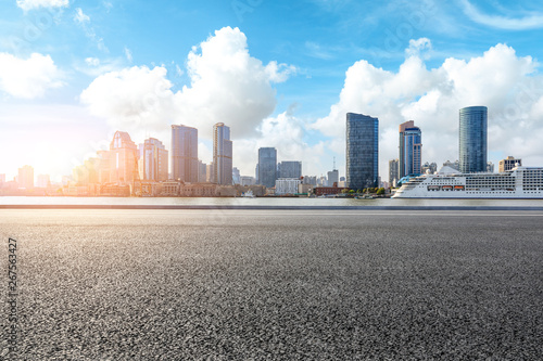 Empty highway and modern city skyline in Shanghai