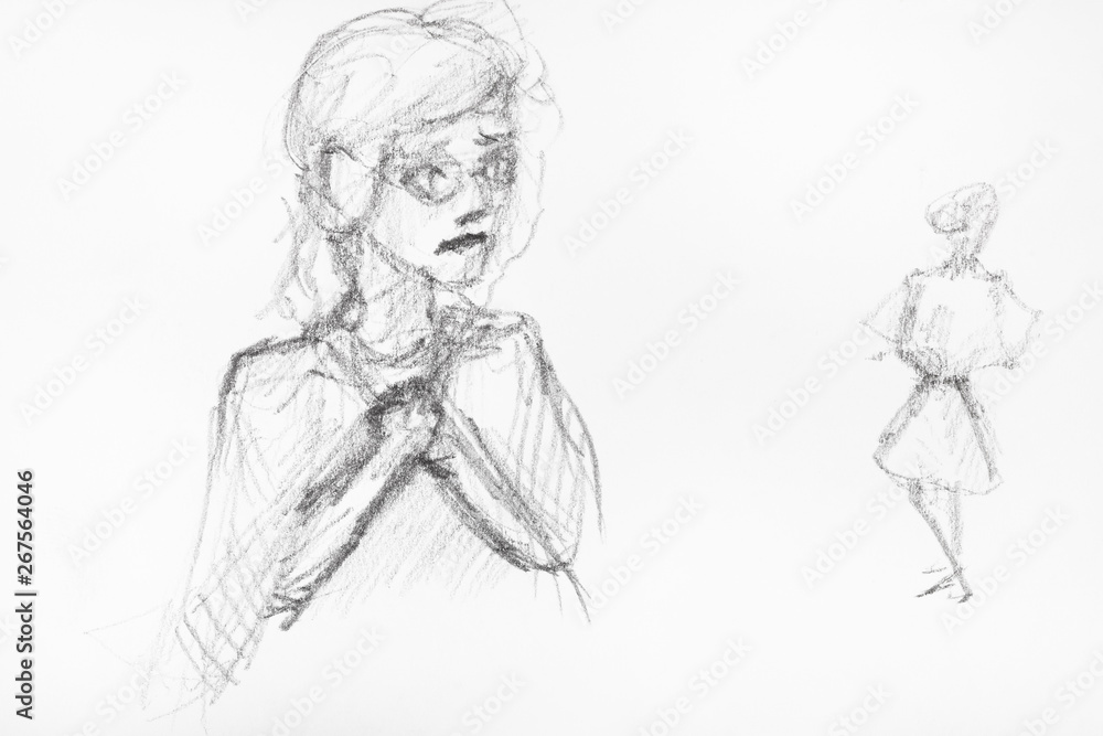 sketch of girl dreaming of new dress by pencil