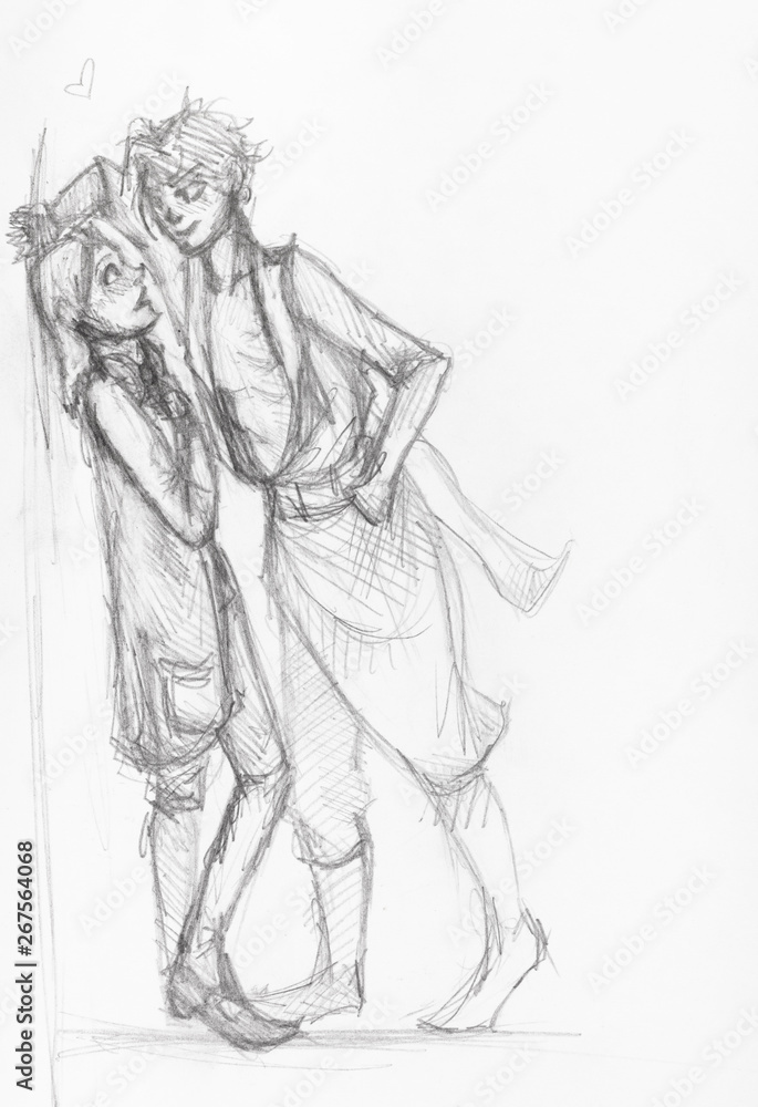 sketch of couple near house wall on street