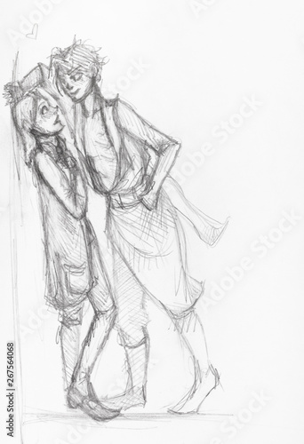 sketch of couple near house wall on street