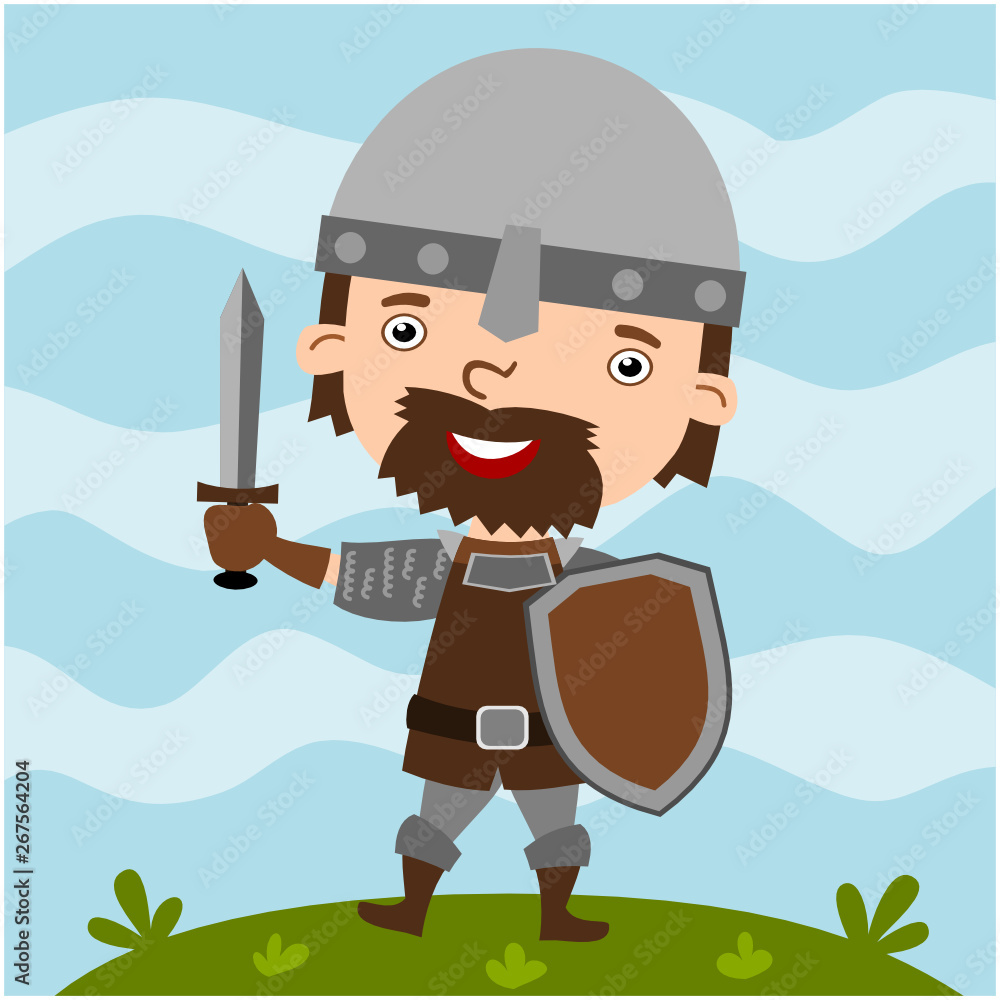 Funny medieval warrior in cartoon style with sword and shield in his hands.  Stock Vector | Adobe Stock