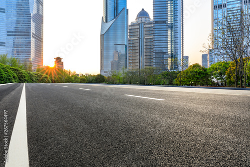 Shanghai modern commercial office buildings and empty asphalt highway