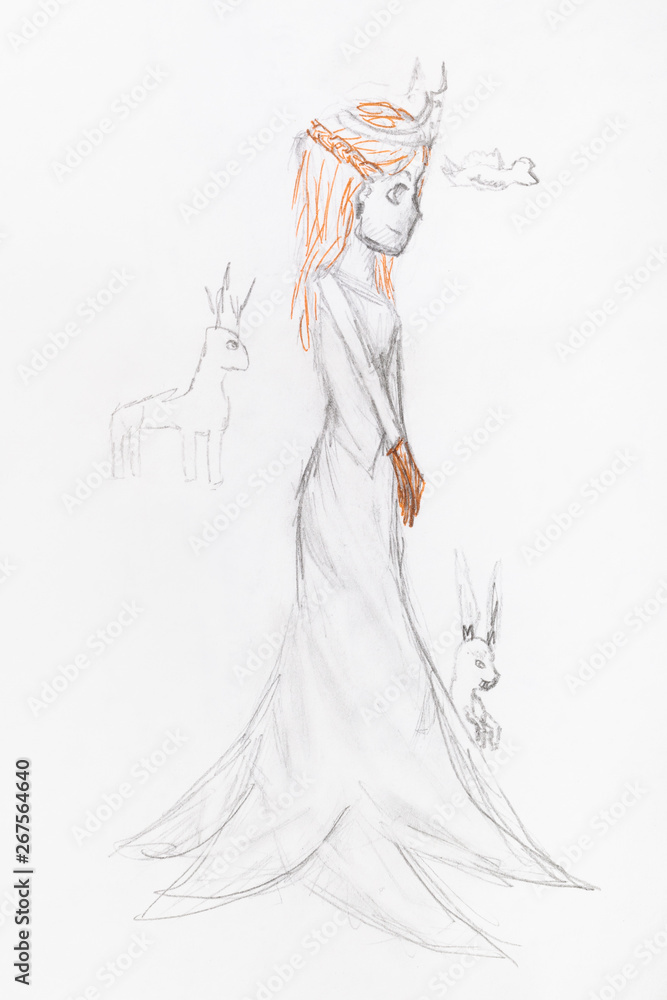 sketch of fairytale princess with animals sketch of fairytale princess with animals