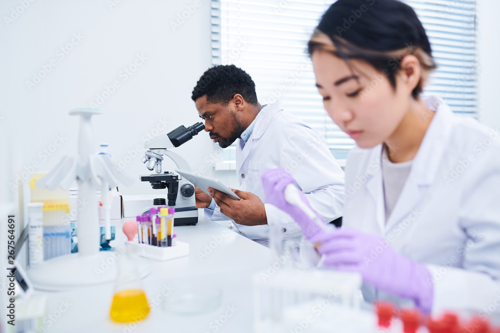 Medical diagnostic specialists analyzing substances: concentrated African-American lab technician using microscope while checking data on tablet Medical diagnostic specialists analyzing substances: concentrated African-American lab technician using microscope while checking data on tablet