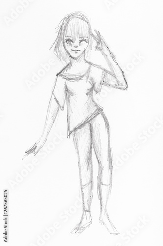 happy girl in sport suit hand drawn by pencil