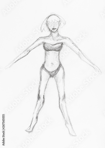 sketch of girl in swimsuit hand drawn by pencil