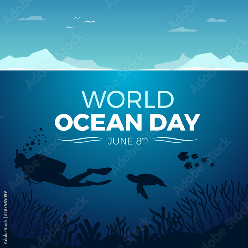 world ocean day banner with diving under ocean and fish and coral vector design