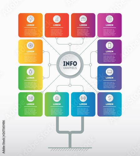 Business presentation concept with 12 options. Tree of development or diagram. Infographic of technology or education process with 12 steps. Vector. Brochure design template.