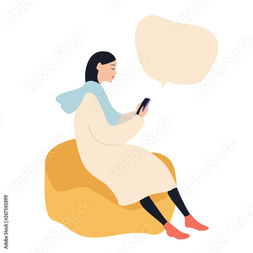 Beautiful caucasian woman sitting on a puff chair using smartphone, vector illustration on white background