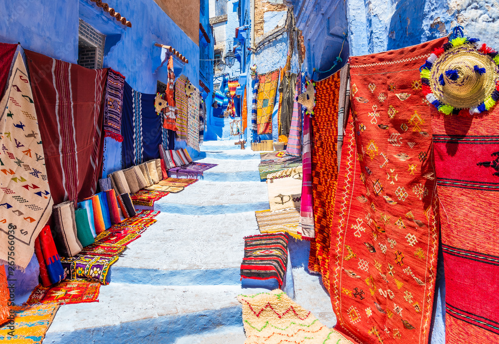 Street with souvenirs in Chefchaouen, Morocco, North Africa