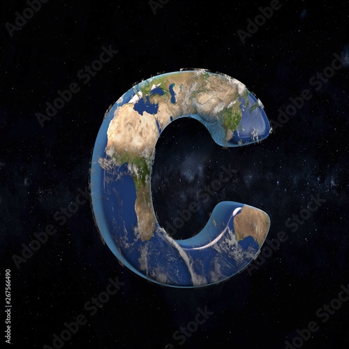 Earth uppercase letter C isolated on dark space background.