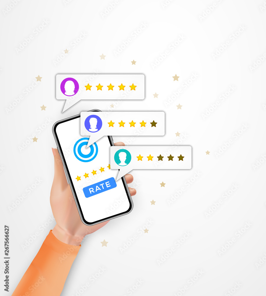 Customer review five star rating on smartphone. Online survey, rate user  satisfaction, business concept. Woman hand holding mobile phone with  clients feedback. Banner design. Vector illustration Stock Vector | Adobe  Stock
