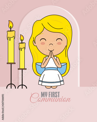 First communion card. Praying girl