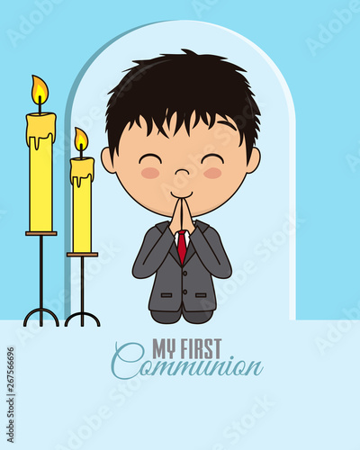 First communion card. Praying boy