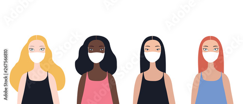 Group of four beautiful stylish cartoon woman characters african-american ethnicity caucasian ethnicity asian ethnicity and mix raced wearing medical face masks isolated on white background