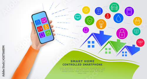 Smart home automation technology concept. Eco friendly modern house. Hand holding smartphone with mobile app for remote home control system. Internet of things with icons of home electronic devices. 