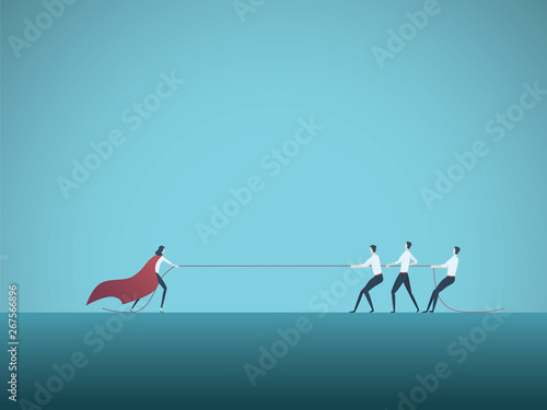 Businesswoman superhero in tug of war with man vector concept. Symbol of feminism, emancipation woman power and strength in business.