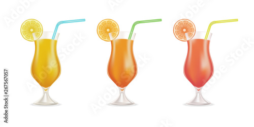 Vector cocktail set garnished with fresh orange, lemon, and colored straw tubes isolated on white background. Stock Illustration.