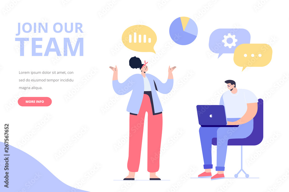 Creative team characters.  Join our team concept. Discussion people. Team thinking and talking. Flat vector illustration.	