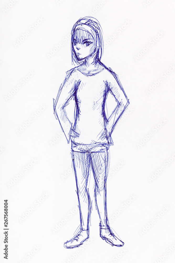 girl in sportswear hand drawn by blue ink girl in sportswear hand drawn by blue ink