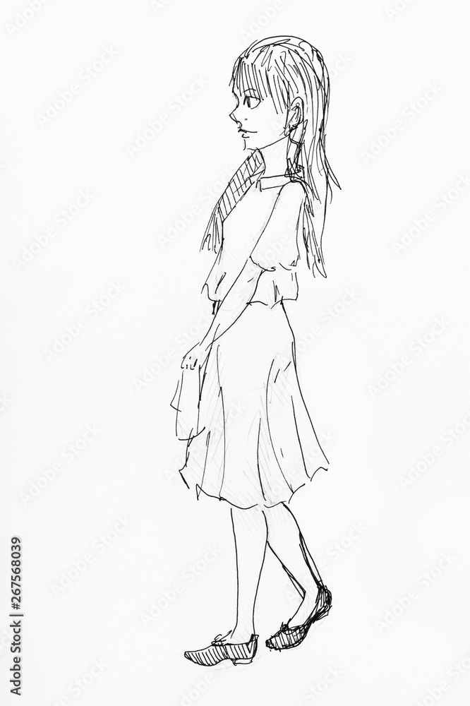 sketch of girl in strict dress hand drawn by ink sketch of girl in strict dress hand drawn by ink