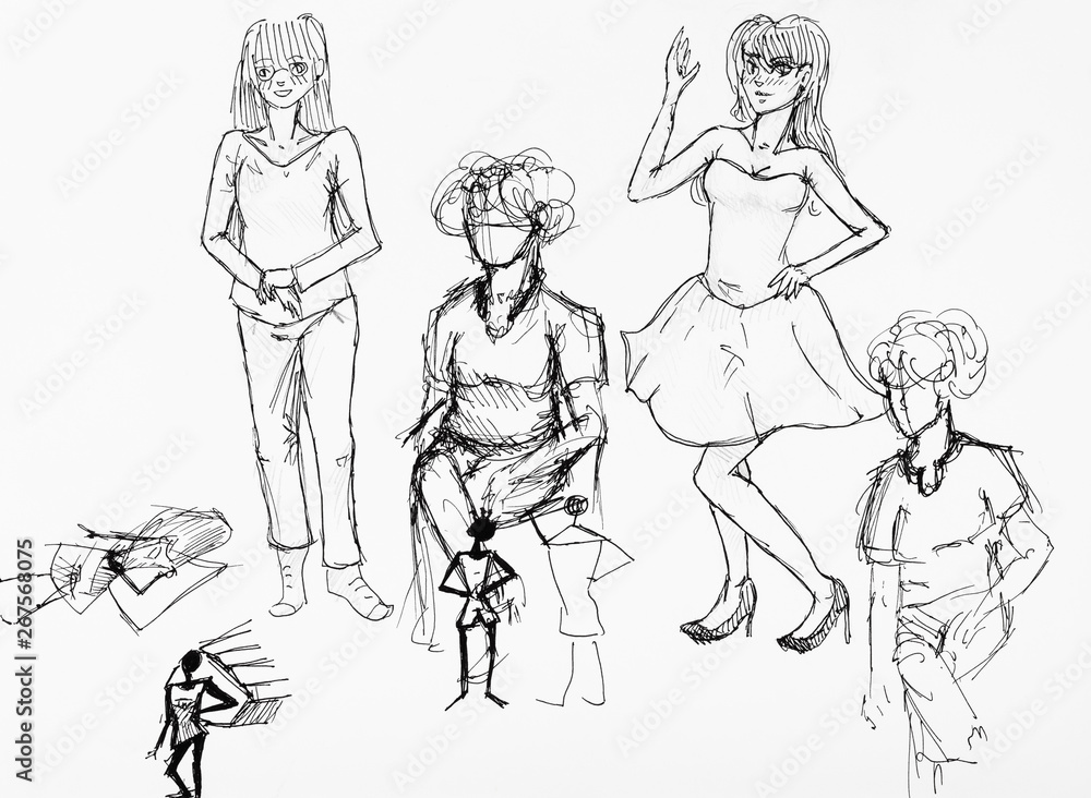 various female figures hand drawn by black ink