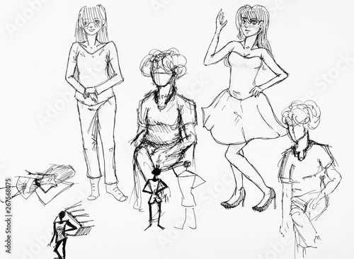 various female figures hand drawn by black ink