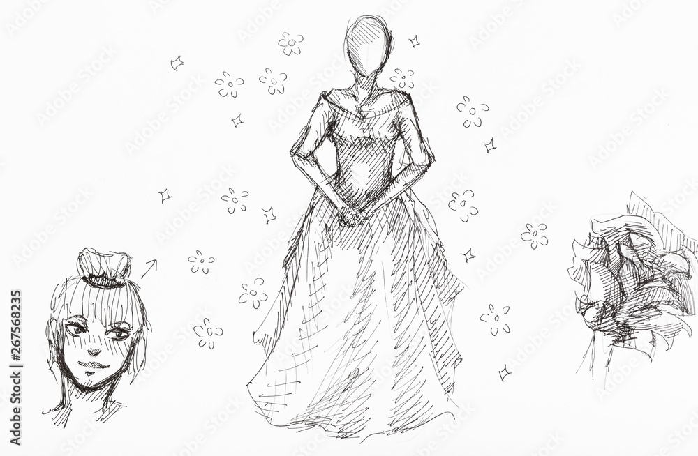 sketches of lady's figure, girl's head and flowers sketches of lady's figure, girl's head and flowers
