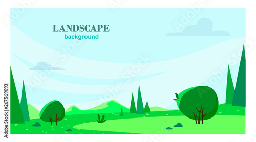 Forest outdoor background with mountains. Flat cartoon style vector illustration.
