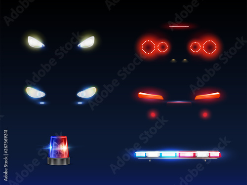 Modern car front, back headlights, rotating and flashing police or ambulance car beacon and light bar glowing white, red and blue 3d realistic vector set. Passenger, emergency vehicle exterior element