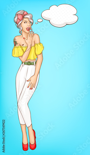 Full length portrait of surprised and amazed young woman looking with interest on something, covering opened mouth with hand pop art vector illustration. Sale, discount campaign announcement poster