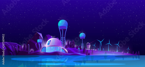 Green eco city, alternative clean energy, ecology friendly town, environment. Weather stations and wind mill turbines on lake coast at night. Sustainable power supply. Cartoon vector illustration