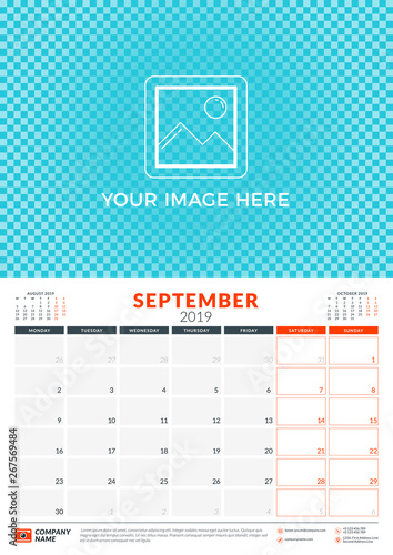 Wall calendar planner template for 2019 year. September 2019. Week starts on Monday. Vector illustration