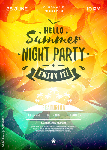 Summer night party flyer or poster. Vector design template with colorful abstract background