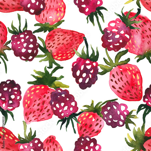 Watercolor seamless pattern with strawberries and raspberries