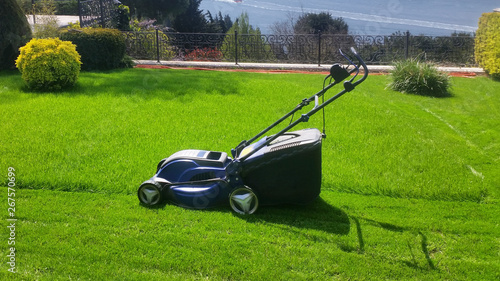 Lawn mover cutting the grass at the front or back yard
