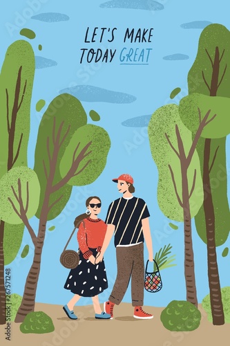 Poster template with cute couple holding hands and walking together at park and romantic phrase. Young boy and girl in love or pair of lovers on date. Flat cartoon vector illustration for 14 February.