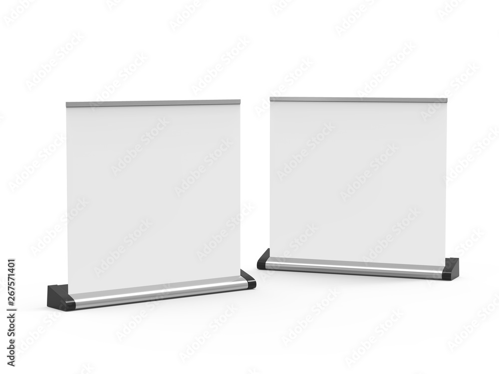 White wide blank roll-up banner mockup on isolated white background, showcase your design and layouts for exhibition or presentation, 3d illustration White wide blank roll-up banner mockup on isolated white background, showcase your design and layouts for exhibition or presentation, 3d illustration